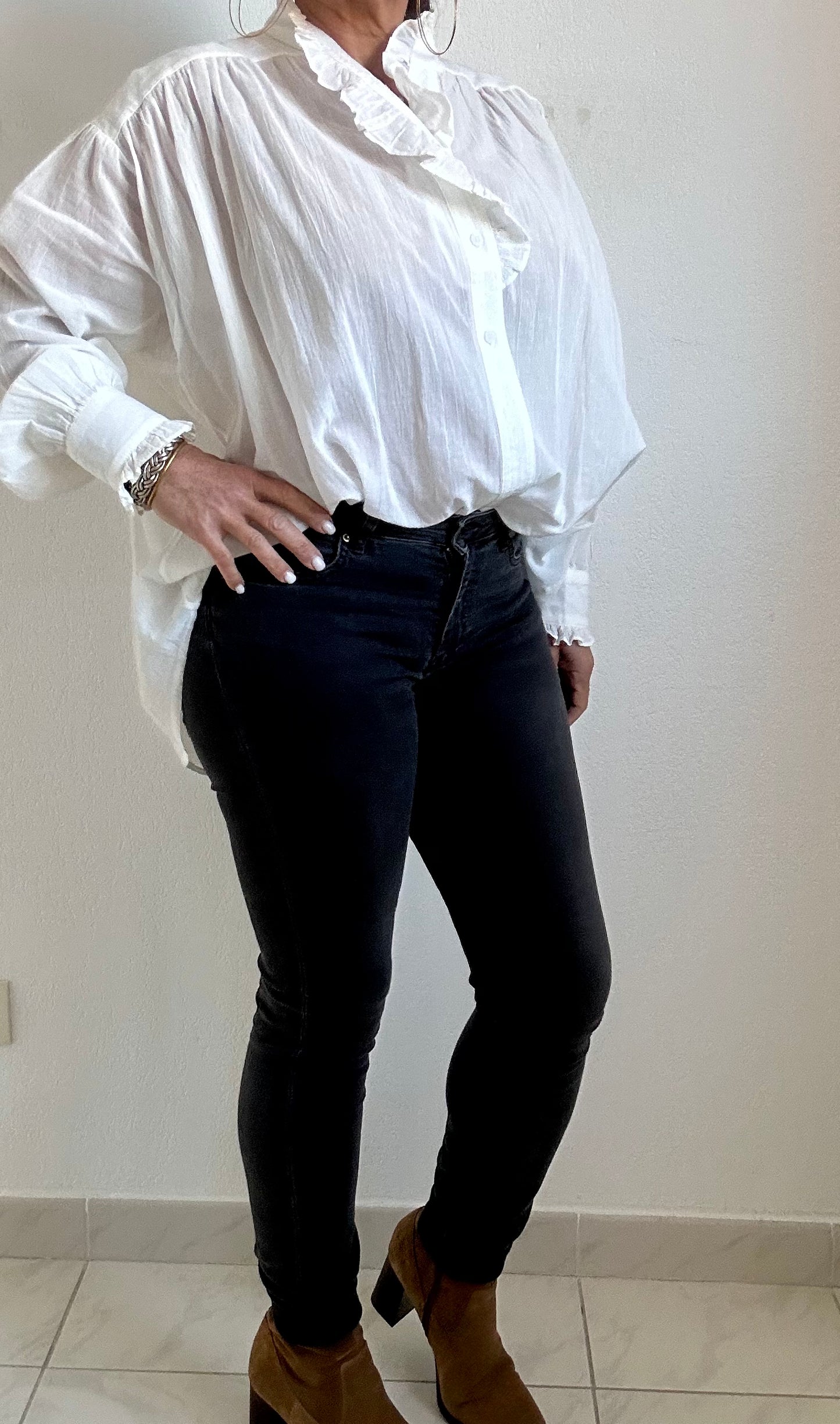 Chemise écru coton froufrou col