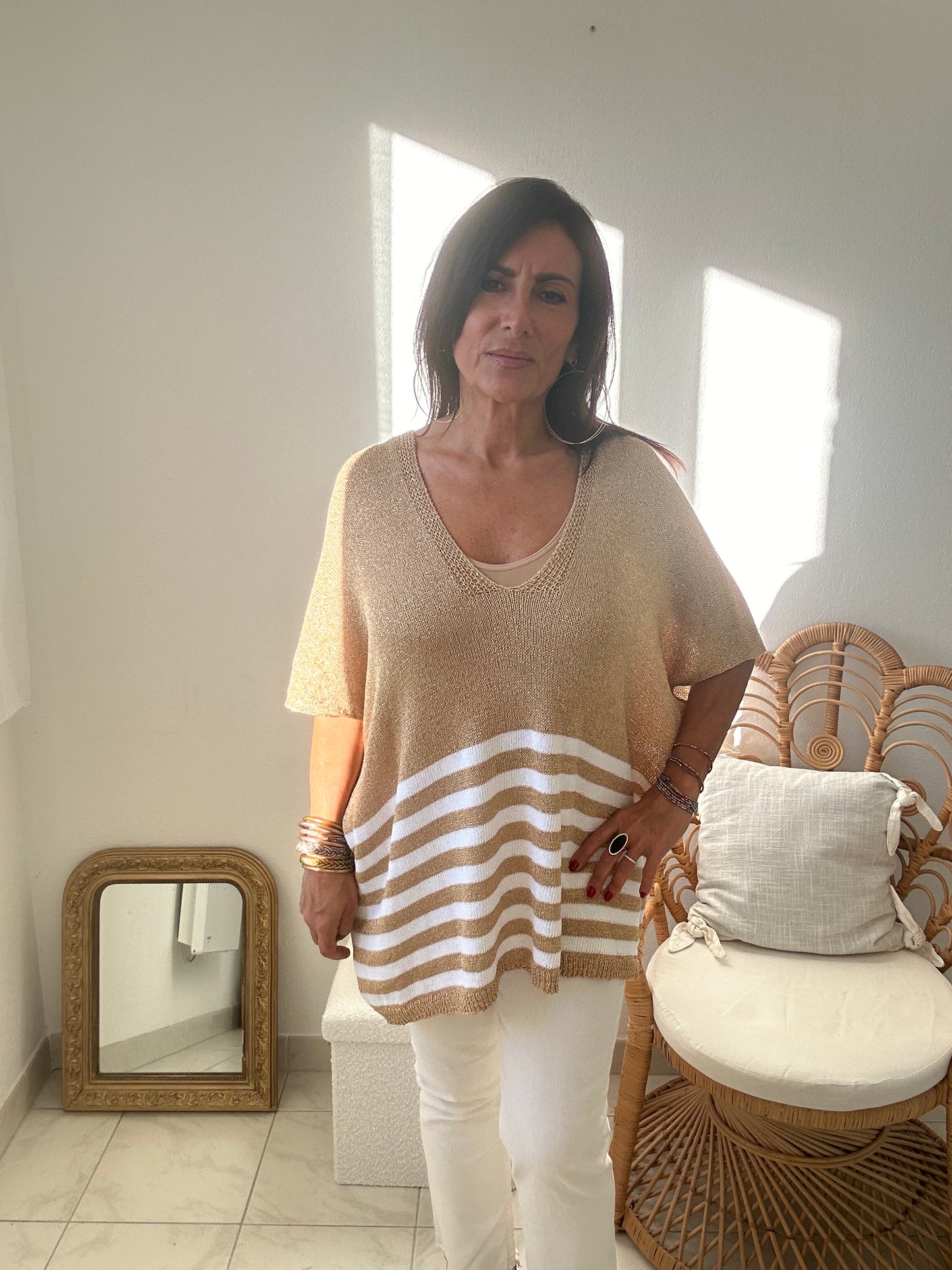 Tunique maille lurex or rayé sans manche TU