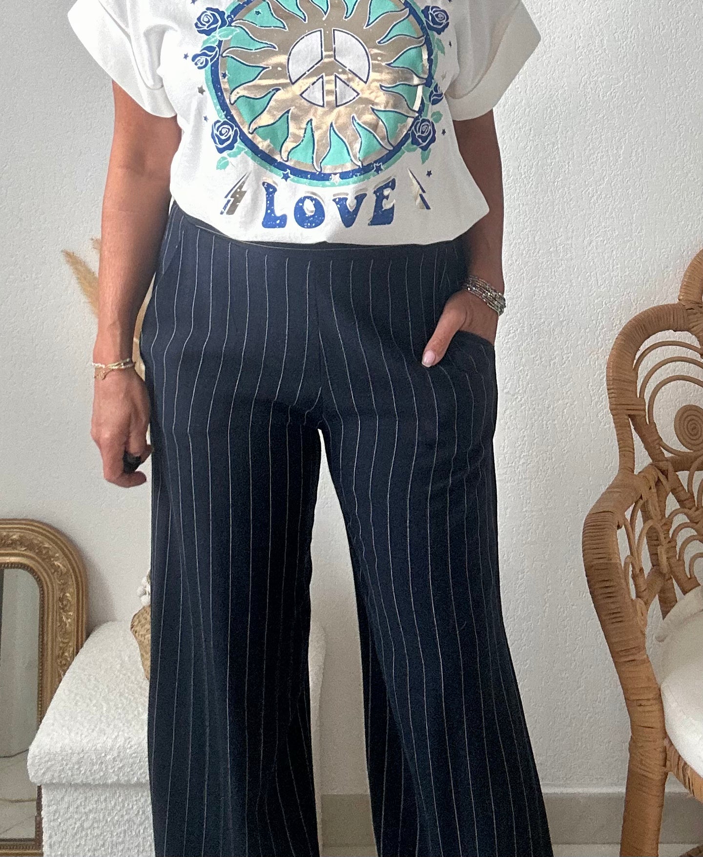 Pantalon rayé viscose lin