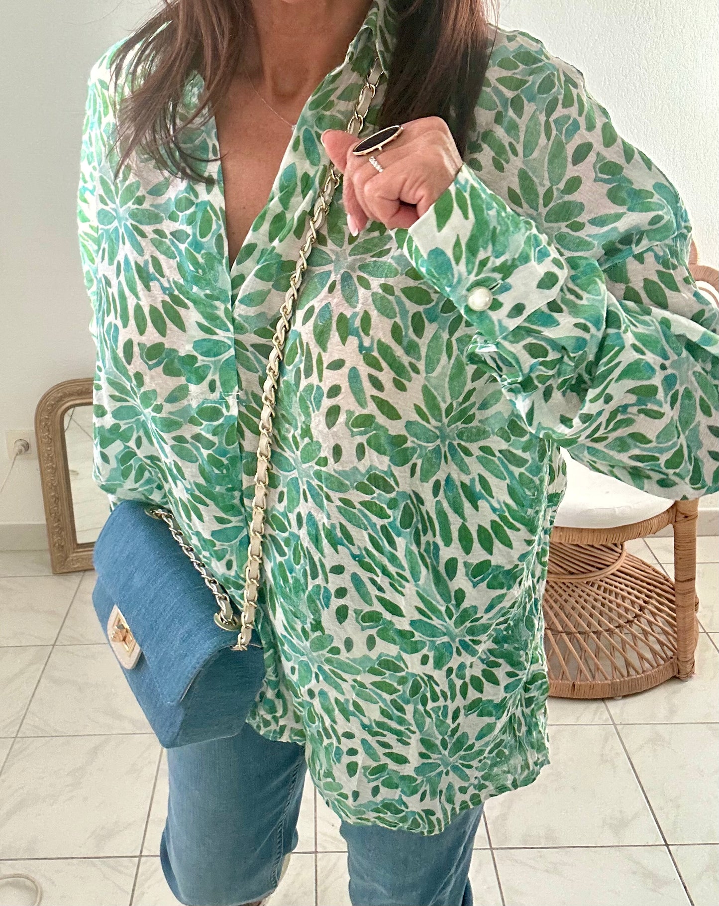 Chemise voile coton imprimé vert TU