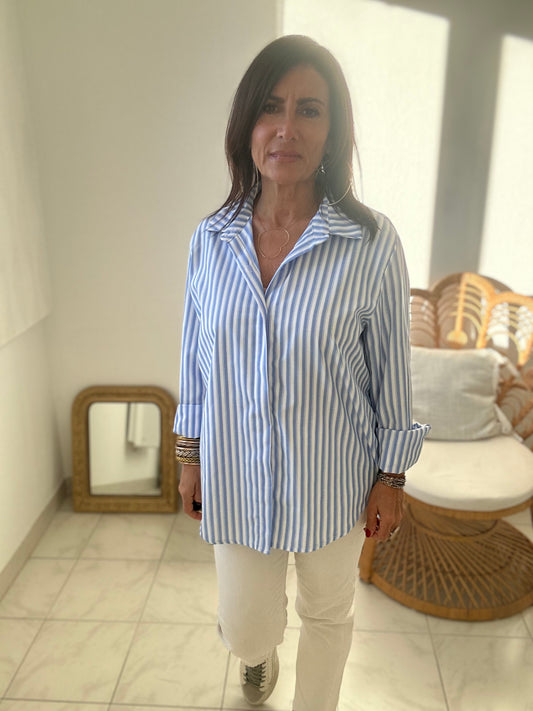 Chemise blanche grosse rayure bleue TU