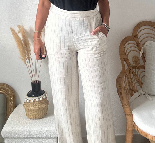 Pantalon rayé viscose lin