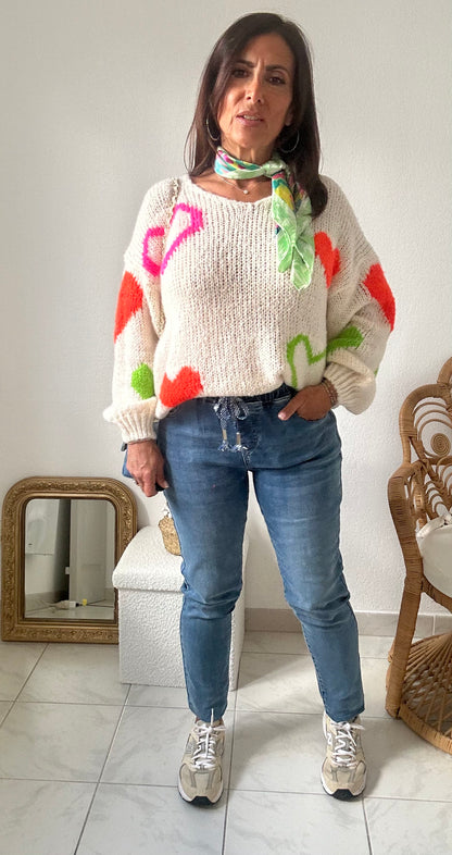 Pull maille écru coeurs multicolores TU