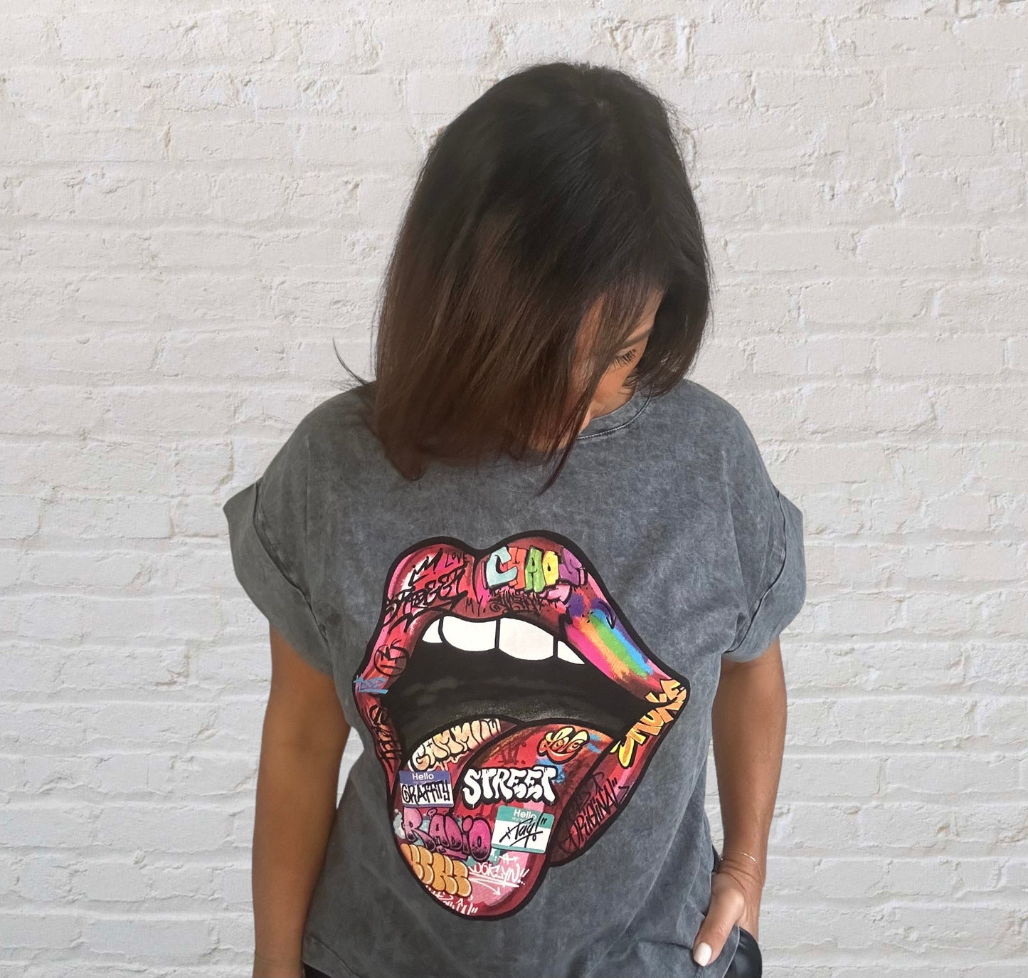 Tee-shirt gris langue style "rolling stone " TU